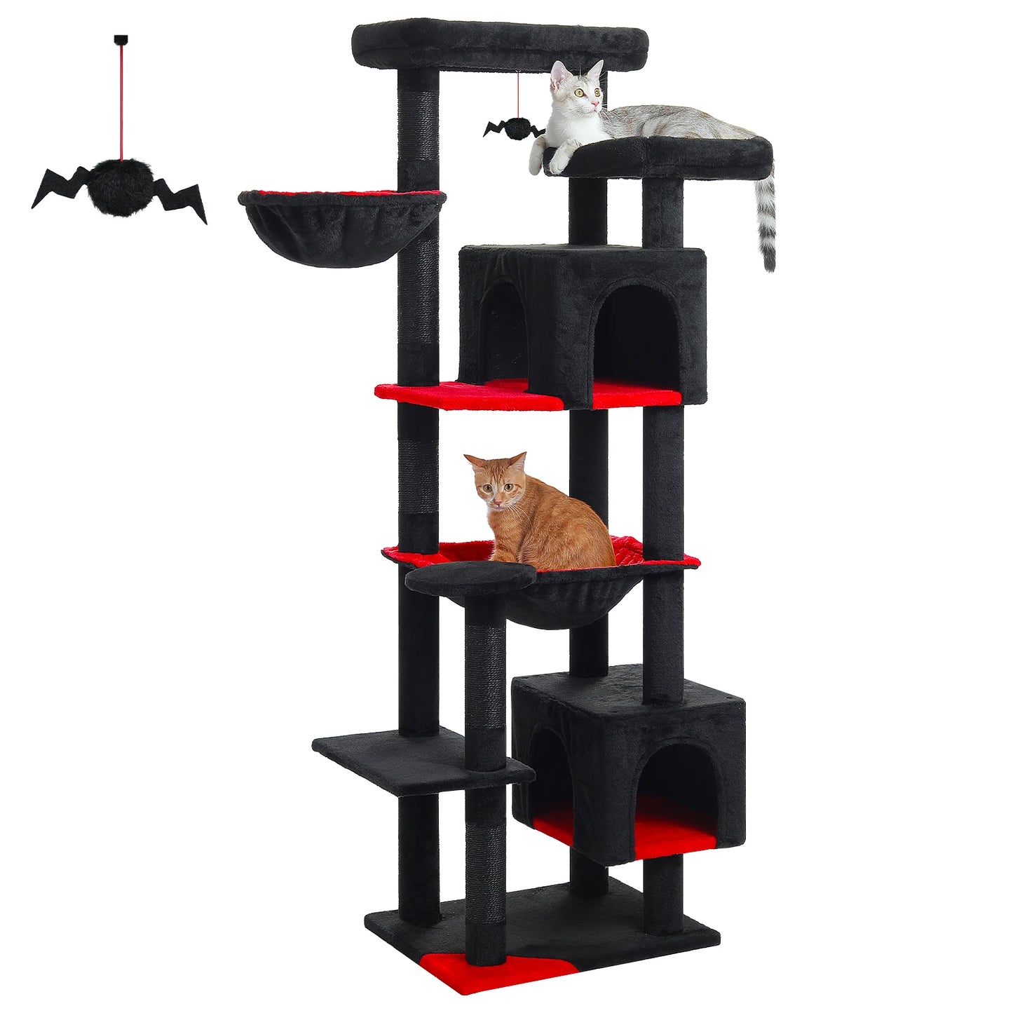 Högt klösträd med hammock och koja för katter