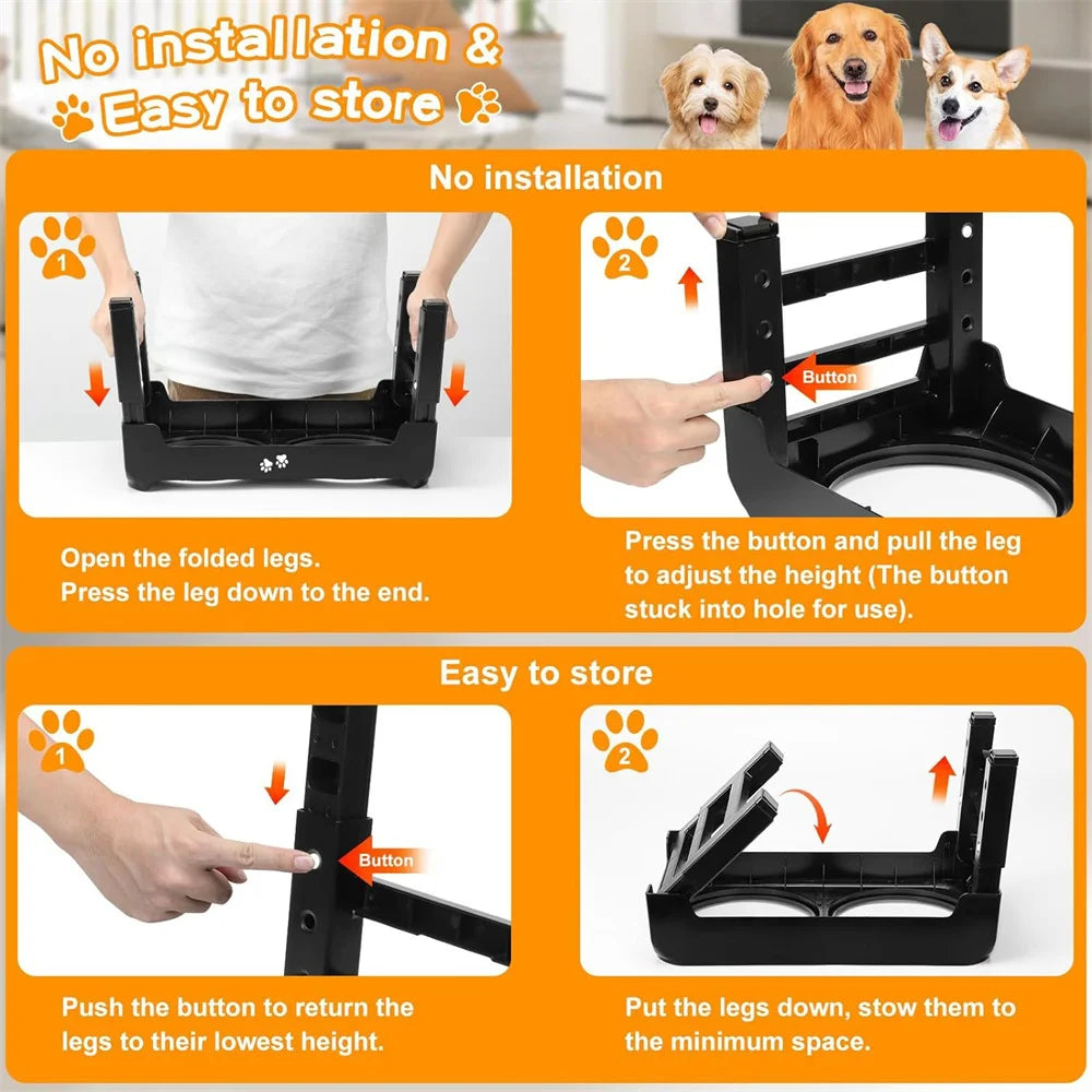 Stainless Steel Folding Pet Feeder Double Bowl Design With 4 Height Adjustable Non-Slip And Dust-Proof Pet Dog Food Bowls