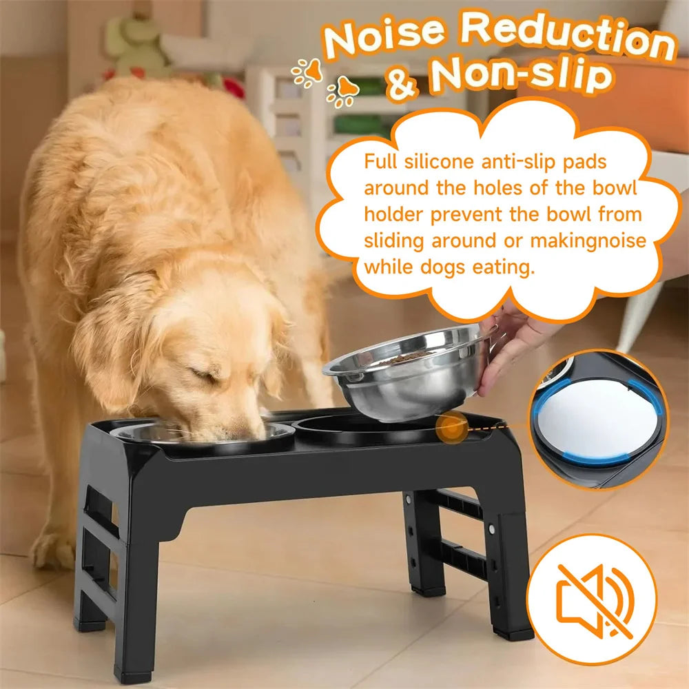 Stainless Steel Folding Pet Feeder Double Bowl Design With 4 Height Adjustable Non-Slip And Dust-Proof Pet Dog Food Bowls