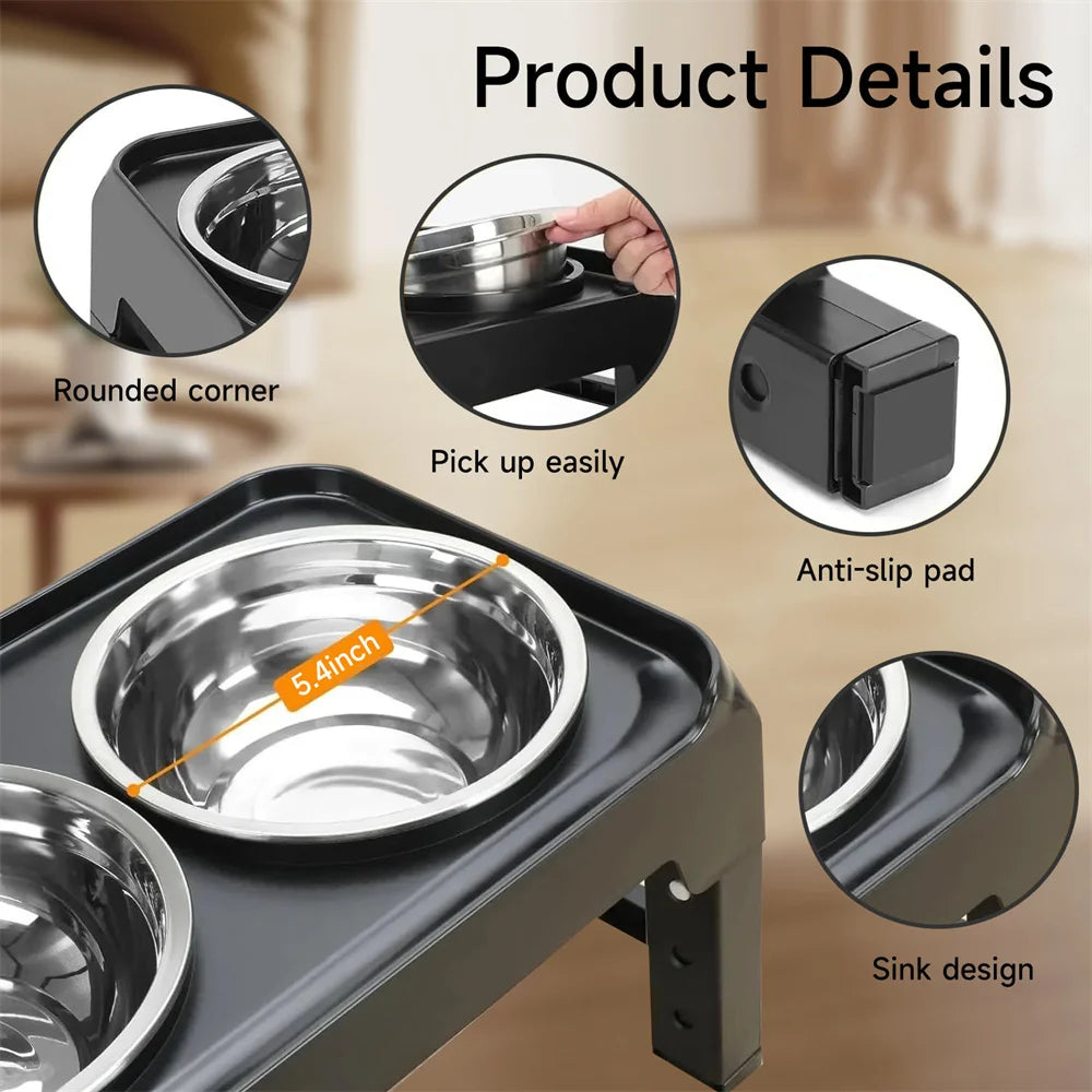 Stainless Steel Folding Pet Feeder Double Bowl Design With 4 Height Adjustable Non-Slip And Dust-Proof Pet Dog Food Bowls