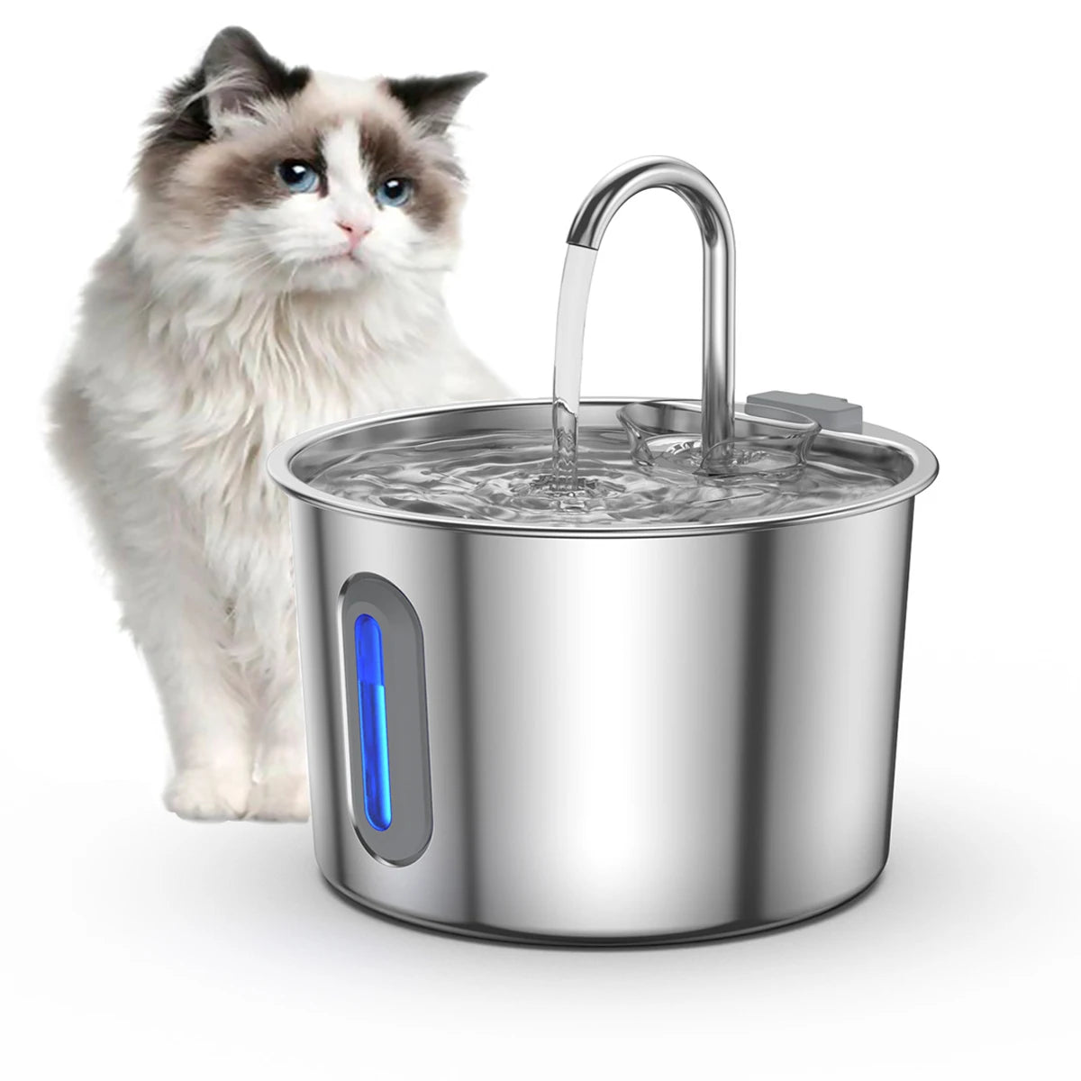 Kattfontän i Rostfritt Stål 2.2L med Filter & Tyst Pump