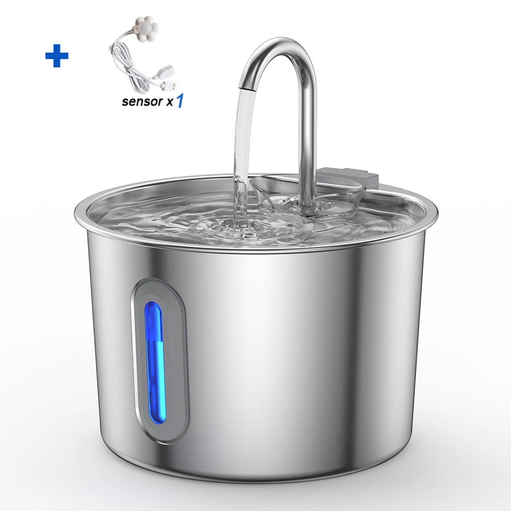 Kattfontän i Rostfritt Stål 2.2L med Filter & Tyst Pump